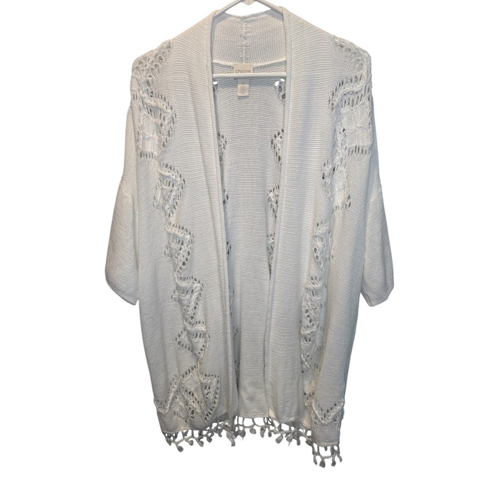 Chicos Womens White 3/4 Sleeve Open Knit Fringe Hem Cardigan 2/L Resortwear Chic